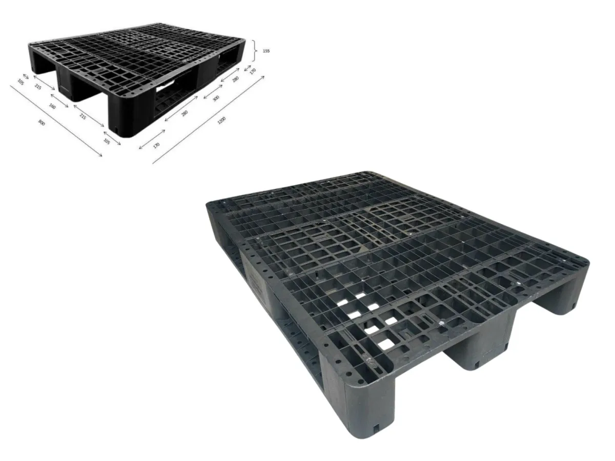 Pallet Nhựa 800x1200x155mm Đen HDPE Tái Sinh + Nguyên Sinh Mới