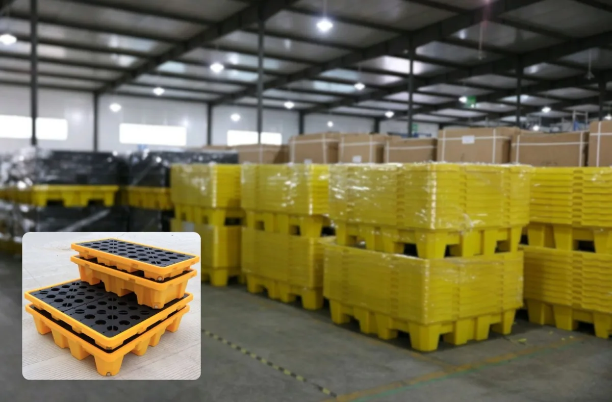Các loại pallet chống tràn hóa chất đa dạng về kích thước và dung tích, phù hợp với mọi nhu cầu lưu trữ.