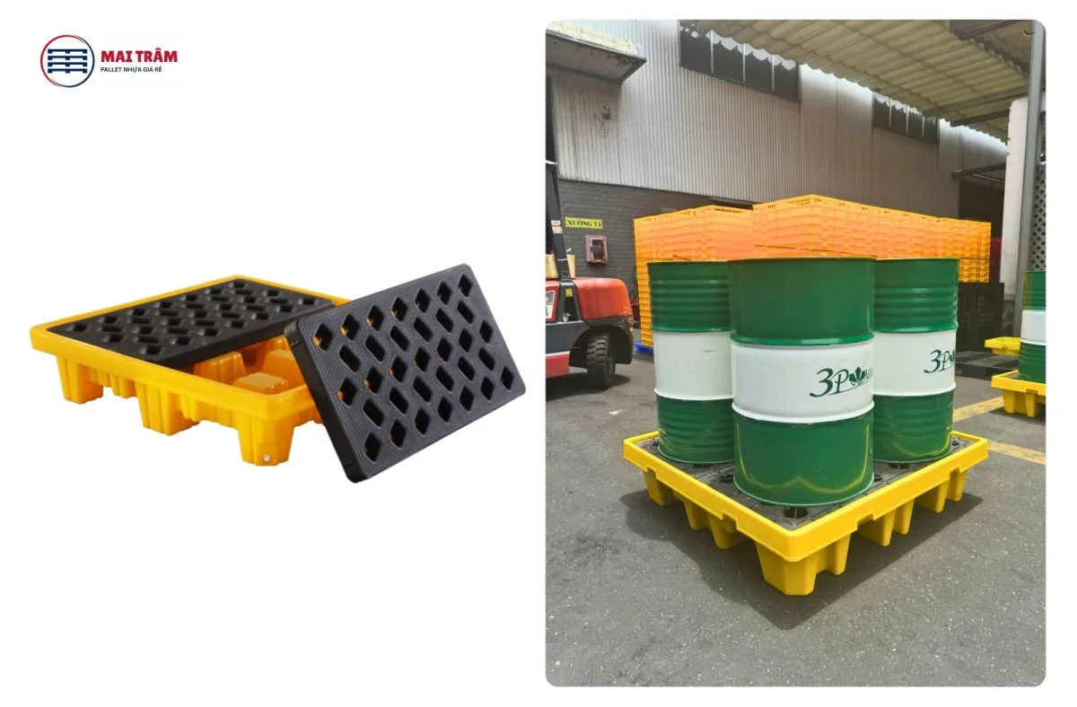 Pallet chống tràn 4 phuy của Mai Trâm Plastics – Giải pháp an toàn cho kho hóa chất.
