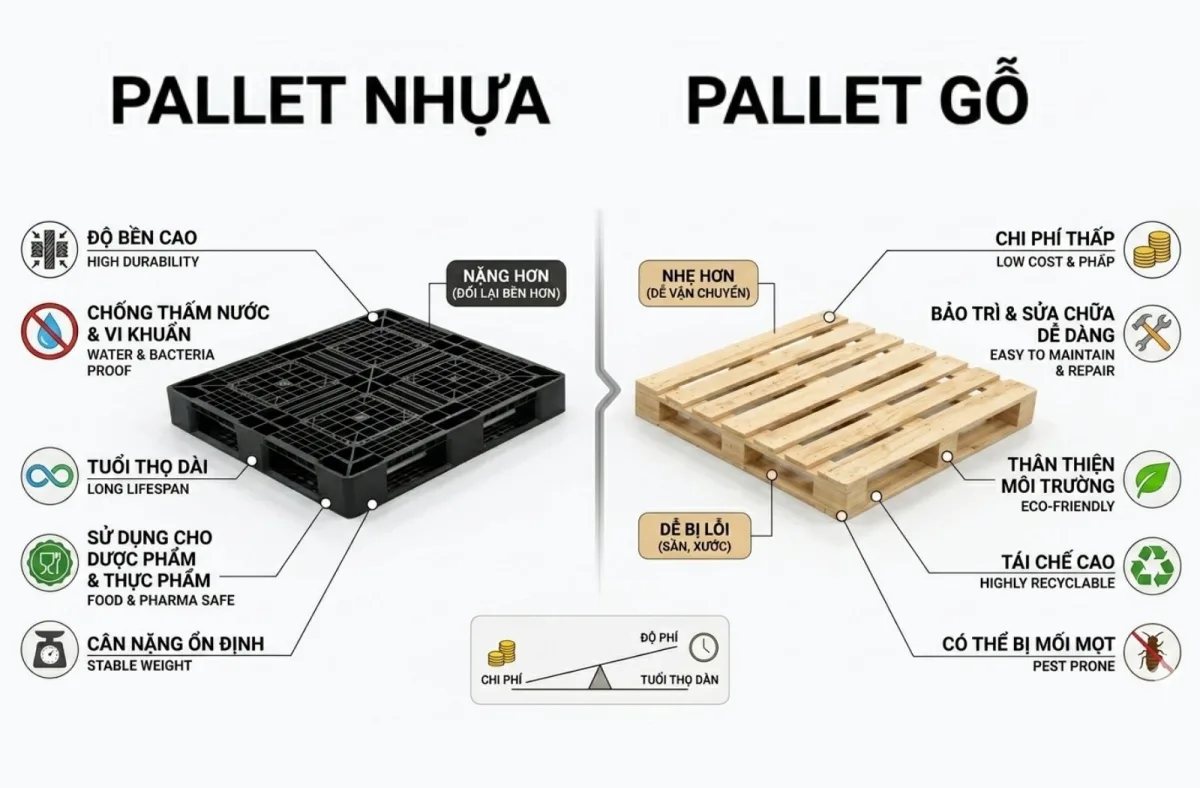Pallet nhựa và pallet gỗ 