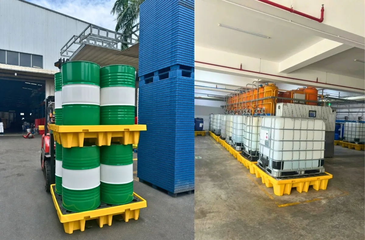Pallet chống tràn 4 phuy là giải pháp không thể thiếu trong các nhà máy, kho bãi.