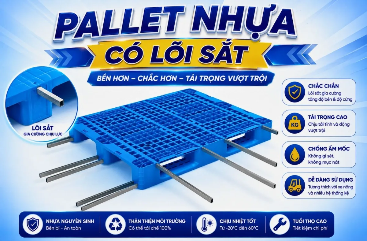 Pallet nhựa có lõi sắt: Giải pháp chịu tải nặng tối ưu cho kho kệ