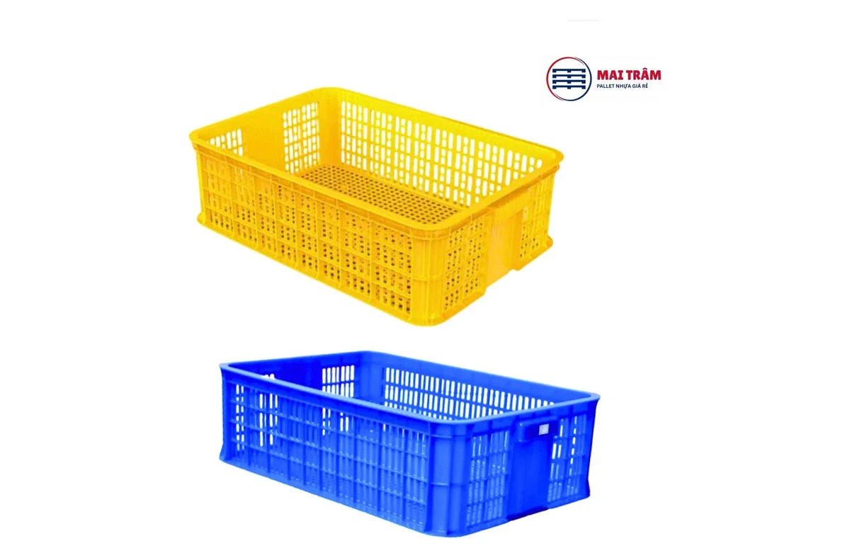 Rổ nhựa hở đựng trái cây khổ 610 x 420 mm màu vàng và xanh dương