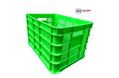 thùng nhựa rỗng 610 x 420 x 390 mm màu xanh lá, thành và đáy dạng lưới