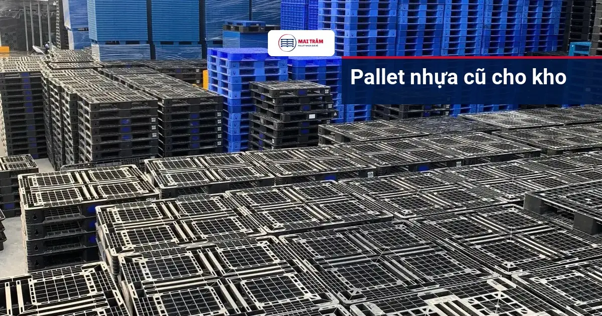 Các lô pallet nhựa đen và xanh dương xếp theo hàng trong kho Mai Trâm, nhìn từ trên cao