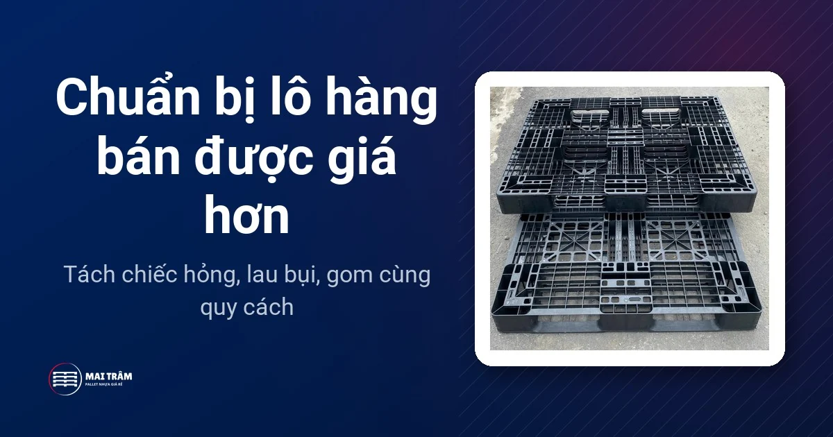 Chuẩn bị lô hàng bán được giá hơn: hai pallet nhựa cũ màu đen xếp chồng, nhìn từ trên xuống