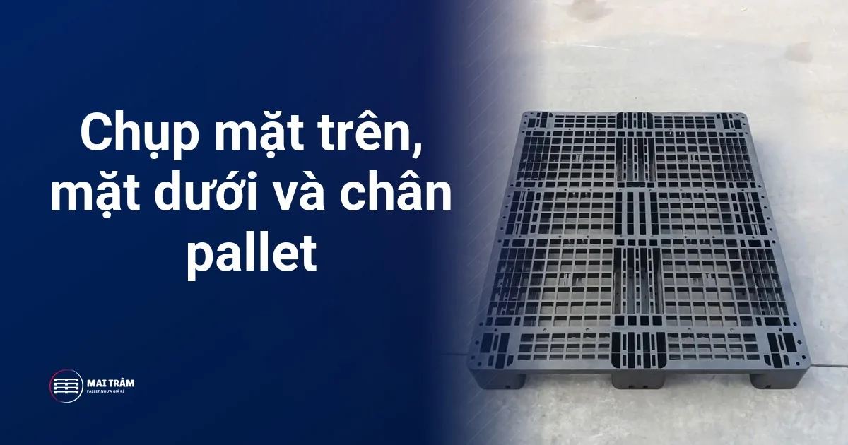 Pallet nhựa cũ màu đen nhìn từ trên xuống, thấy mặt trên và ba chân, gợi ý cách chụp ảnh gửi báo giá