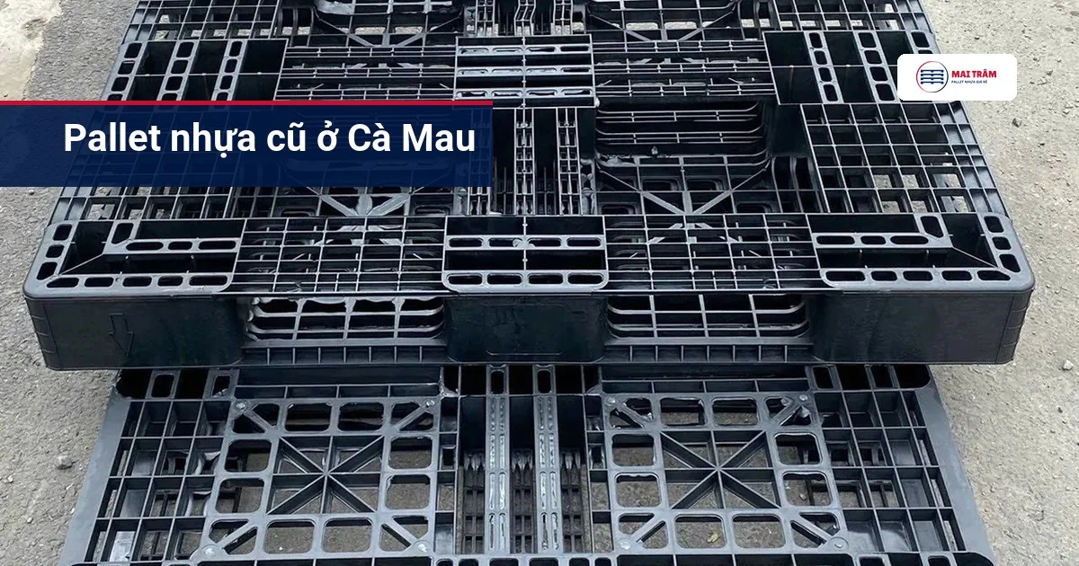 Hai tấm pallet nhựa cũ màu đen xếp chồng, thấy rõ khung xương mặt dưới và mặt bên