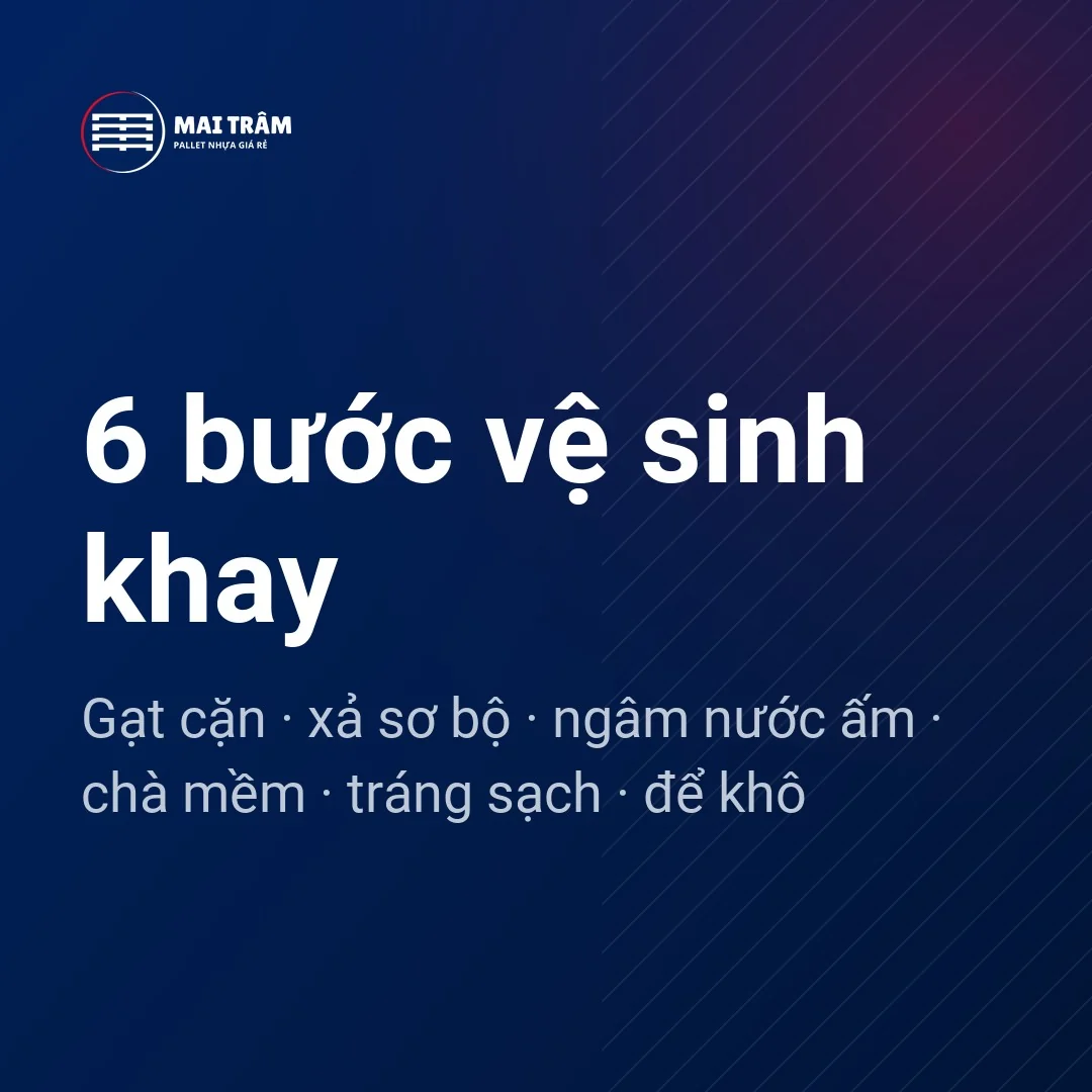Đồ họa sáu bước vệ sinh khay nhựa công nghiệp từ gạt cặn đến để khô.