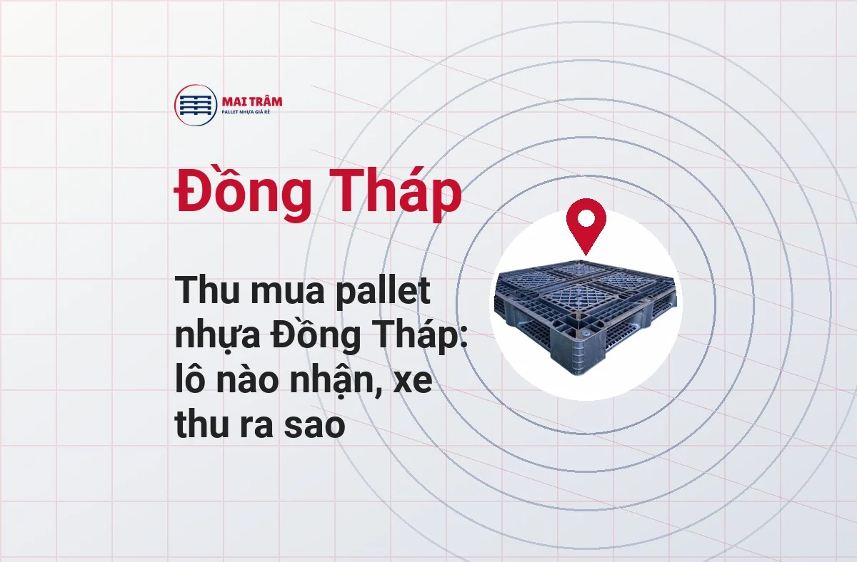 Bìa bài thu mua pallet nhựa Đồng Tháp: tên tỉnh lớn, ghim địa điểm và ảnh pallet nhựa cũ mặt lưới