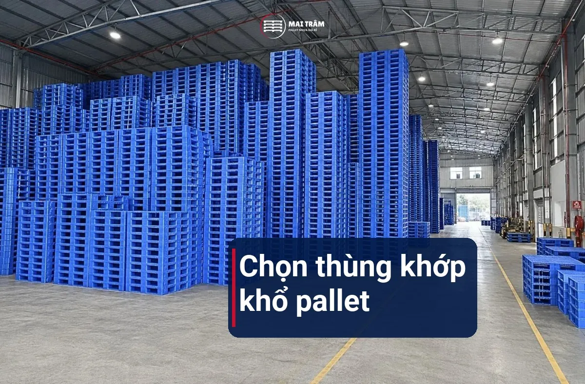Pallet nhựa xanh xếp chồng thành khối trong kho, chừa lối đi cho xe nâng — khổ pallet mà phủ bì thùng nhựa to phải chia khít