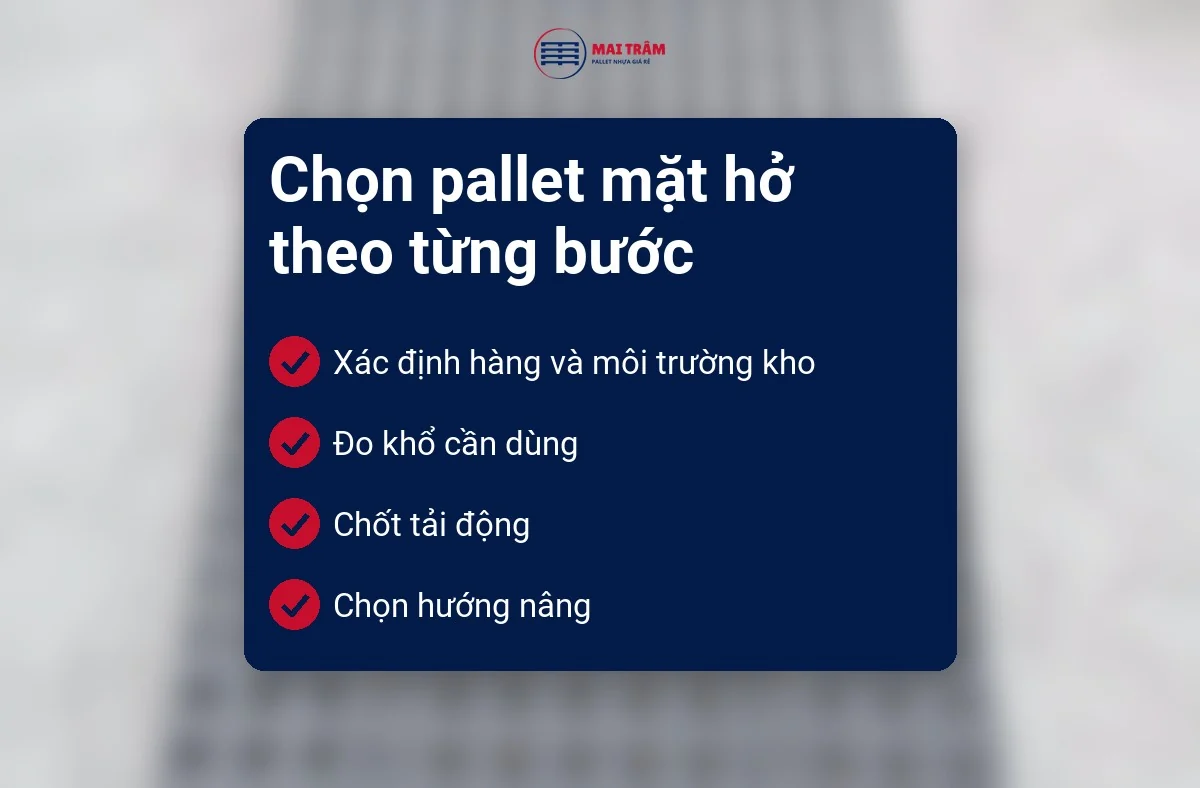 Danh sách bốn bước chọn pallet mặt hở: hàng và kho, khổ, tải động, hướng nâng, trên nền mặt lưới mờ