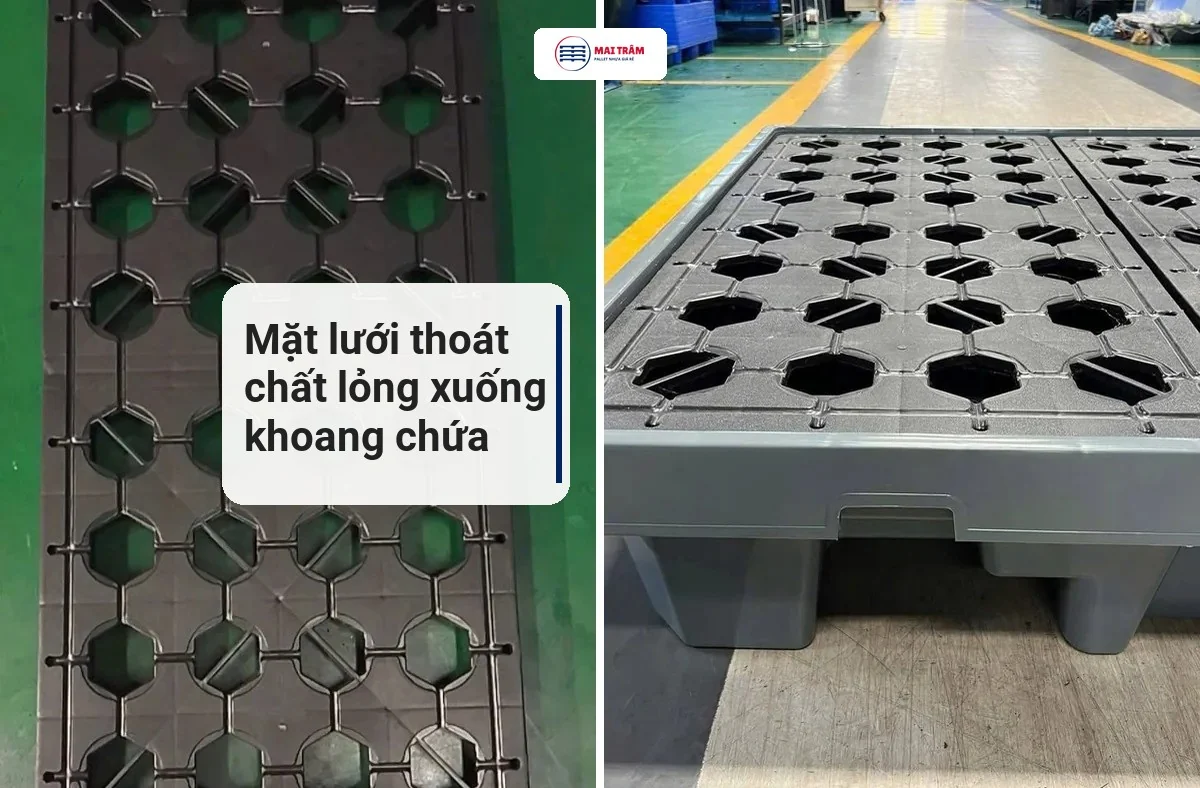 Mặt lưới tháo rời của pallet nhựa chống tràn với các lỗ lục giác, và pallet đặt trong xưởng