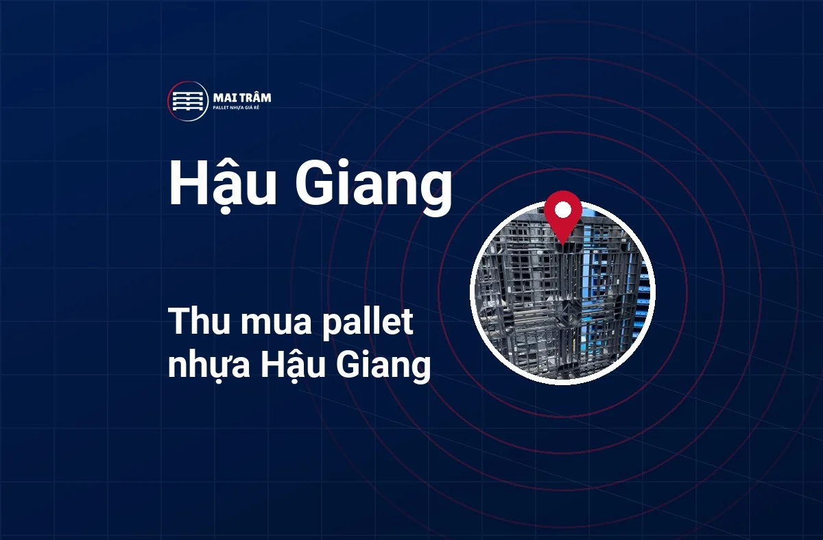 Bìa bài thu mua pallet nhựa Hậu Giang, tên địa phương lớn kèm ghim vị trí và ảnh pallet nhựa cũ tại kho