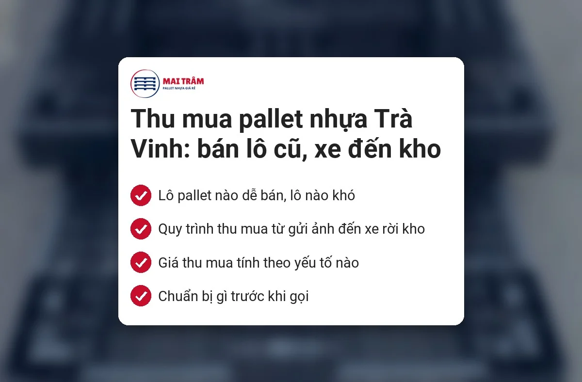 Bìa bài thu mua pallet nhựa Trà Vinh: bốn ý chính trên nền ảnh pallet nhựa cũ xếp chồng tại kho