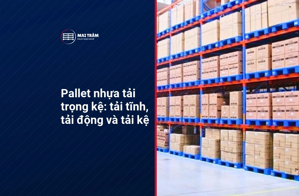 Bìa bài pallet nhựa tải trọng kệ, kệ kho chất hàng thùng trên pallet nhựa xanh, tiêu đề tải tĩnh, tải động và tải kệ