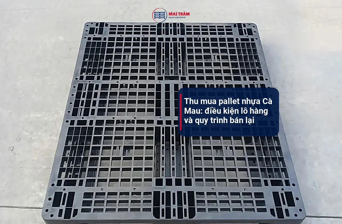 Pallet nhựa cũ mặt lưới màu đen đặt trên nền sàn xám, tiêu đề thu mua pallet nhựa Cà Mau