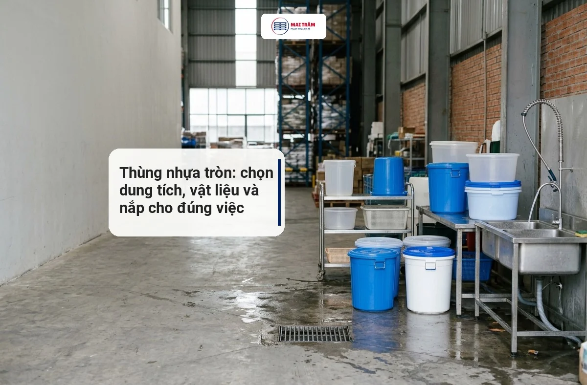 Khu rửa và đóng gói trong kho với các thùng nhựa tròn có nắp màu xanh và trắng, ảnh minh hoạ bối cảnh