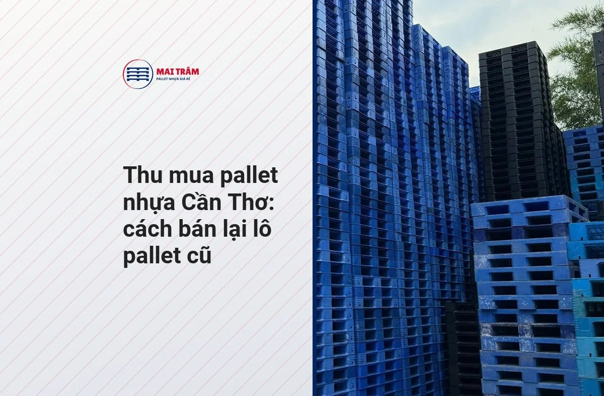 Chồng pallet nhựa xanh và đen xếp cao tại kho, bên trái là tiêu đề thu mua pallet nhựa Cần Thơ