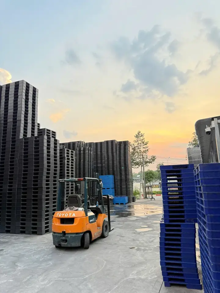 Xe nâng làm việc giữa bãi pallet nhựa tại kho Mai Trâm