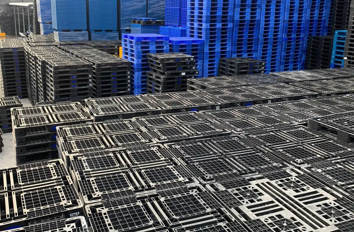 Pallet nhựa mặt lưới nhiều k&iacute;ch thước xếp theo l&ocirc; tại kho Mai Tr&acirc;m